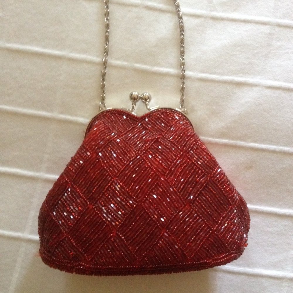 Bijoux Terner Red Satin and Beaded Clutch Handbag Silver Tone Hardware